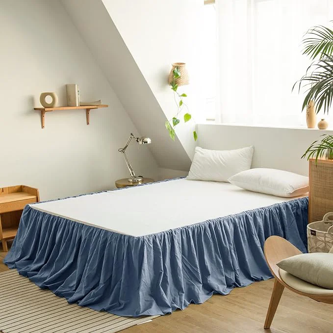 Classic BISELINA French Linen Bed Skirt with Pleated Frills 14-Inch Tailored Drop Natural Flax Cotton Blend Dust Ruffle Soft Cozy Farmhouse Bedding 14 quot Queen Navy Blue Modern