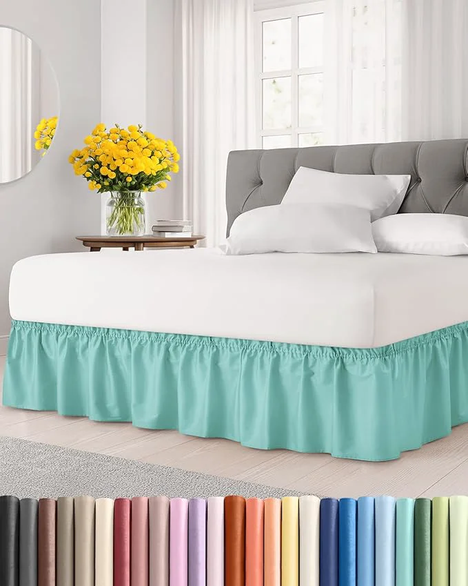 Versatile Wrap Around Dust Ruffle Bed Skirt - Spa Blue - for Queen Size Beds with 15 Inch Drop - Elastic Strap - Adjustable Pleated Bedskirt with Brushed Fabric and Wrinkle - for Women Men Kids amp Teens Convenient