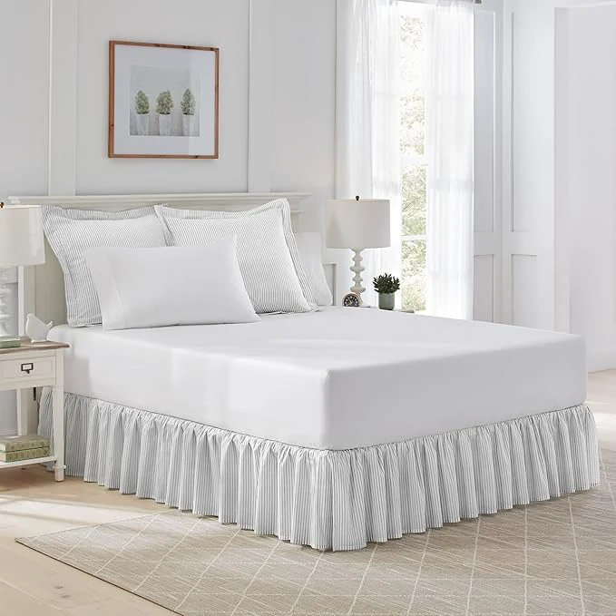 Breathable Laura Ashley Home - Cotton Ruffled Bedskirt Lightweight amp Classic Style Ticking Stripe Grey Queen Detailed
