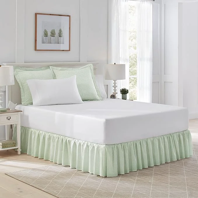 Proven Laura Ashley Home - Cotton Ruffled Bedskirt Lightweight amp Classic Style Ticking Stripe Green Full