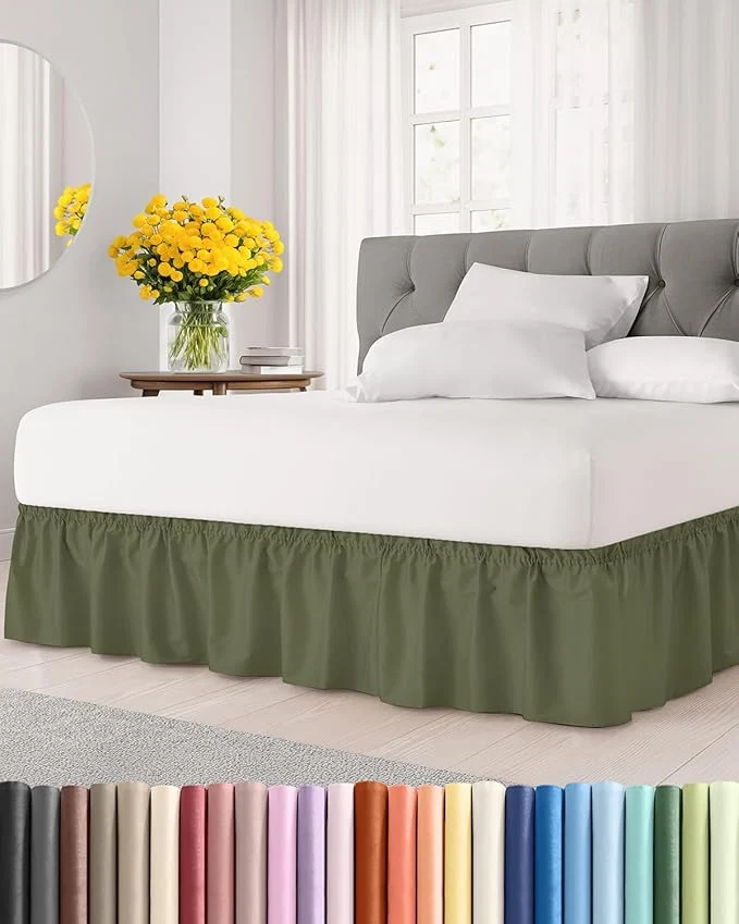 Environmentally Friendly Wrap Around Dust Ruffle Bed Skirt - Sage Green - for King Size Beds with 18 Inch Drop - Elastic Strap - Adjustable Pleated Bedskirt with Brushed Fabric and Wrinkle - for Women Men Kids amp Teens Exceptional