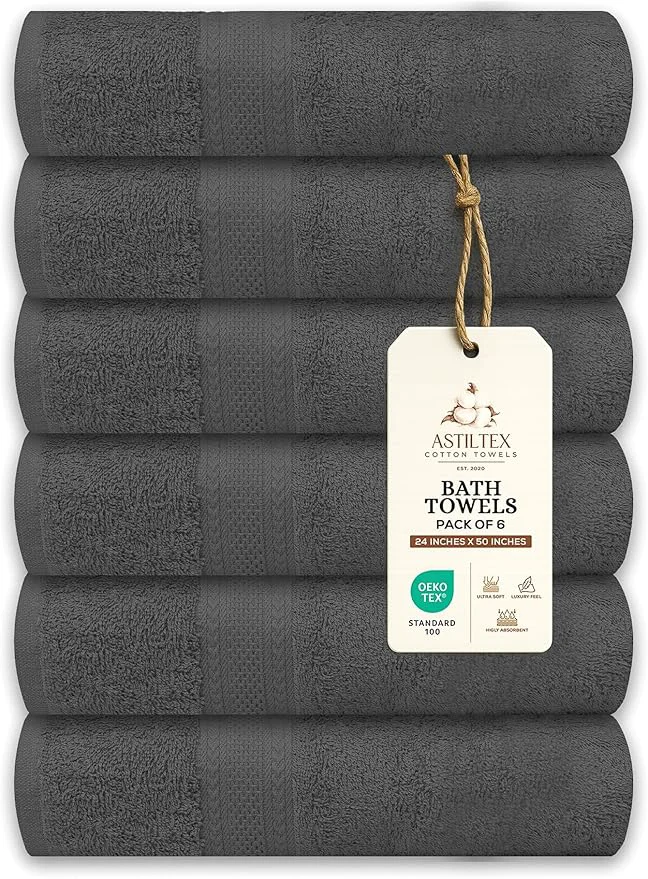Top-Quality Large Bath Towels Pack of 6 – 24 x 50 Cotton Terry – Soft Quick-Dry Environmentally Friendly
