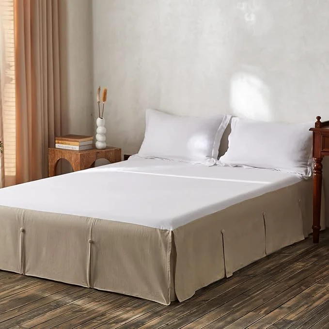 Dependable BISELINA French Linen Bed Skirt Split Corner with Button 14-Inch Tailored Drop Natural Flax Cotton Blend Basic Dust Ruffle Soft Cozy 14 quot Queen Button Linen Artisan