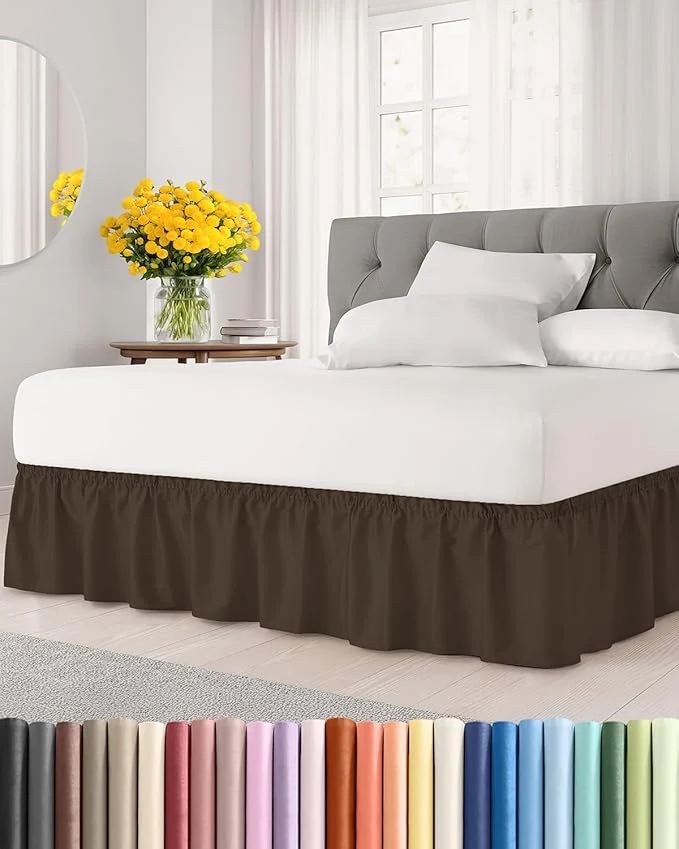 Certified Wrap Around Dust Ruffle Bed Skirt - Brown - for Full Size Beds with 24 Inch Drop - Easy Fit Elastic Strap - Adjustable Pleated Bedskirt w Brushed Fabric - Wrinkle - for Women Men Kids amp Teens Reusable
