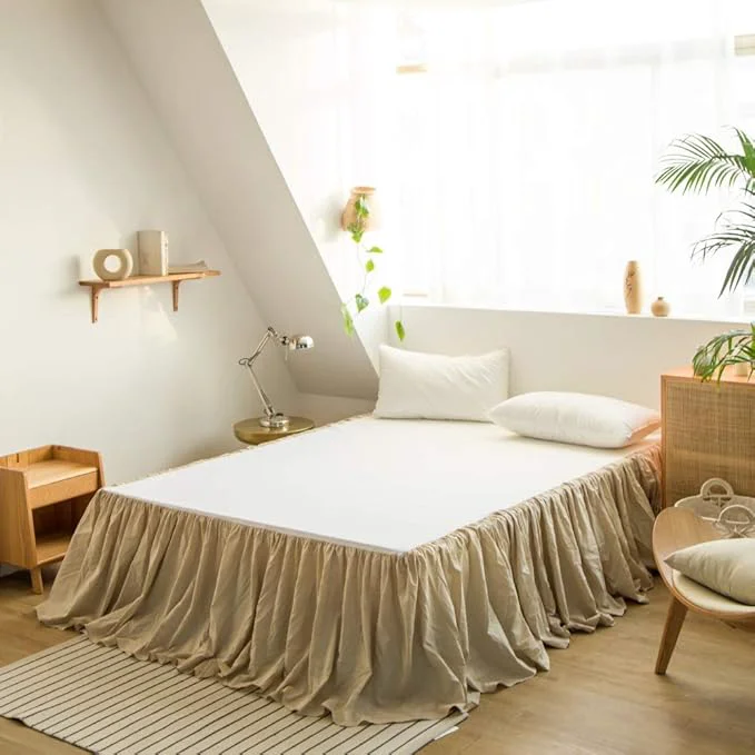 Fashionable BISELINA French Linen Bed Skirt with Pleated Frills 18-Inch Tailored Drop Natural Flax Cotton Blend Dust Ruffle Soft Cozy Farmhouse Bedding 18 quot Full Ruffle Linen User-Friendly