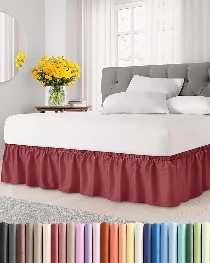 Artisan Wrap Around Dust Ruffle Bed Skirt - Burgundy - for Queen Size Beds with 12 Inch Drop - Elastic Strap - Adjustable Pleated Bedskirt with Brushed Fabric and Wrinkle - for Women Men Kids amp Teens Contemporary