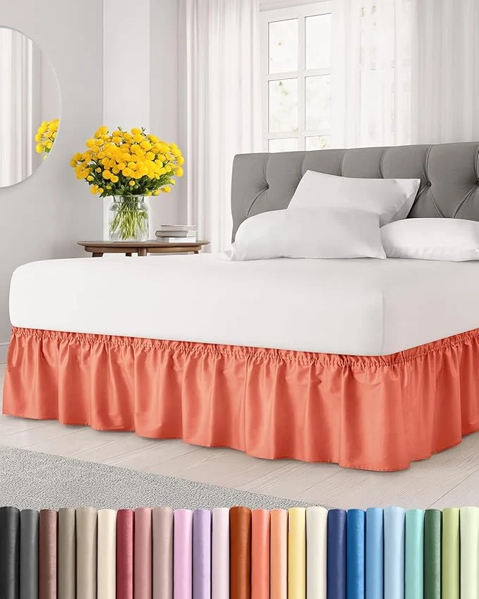 Professional Wrap Around Dust Ruffle Bed Skirt - Coral - for King Size Beds with 15 Inch Drop - Easy Fit Elastic Strap - Adjustable Pleated Bedskirt w Brushed Fabric - Wrinkle - for Women Men Kids amp Teens Reliable