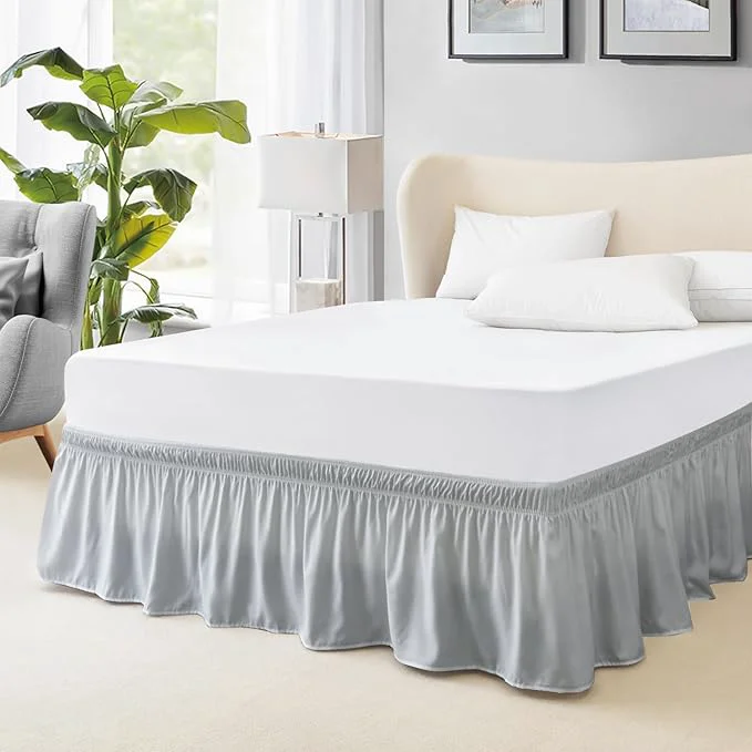 Functional FreshCulture Elastic Wrap Around Bed Skirt - Queen Size Hotel Quality Dust Ruffle with 15-Inch Tailored Drop Light Grey Long-Lasting