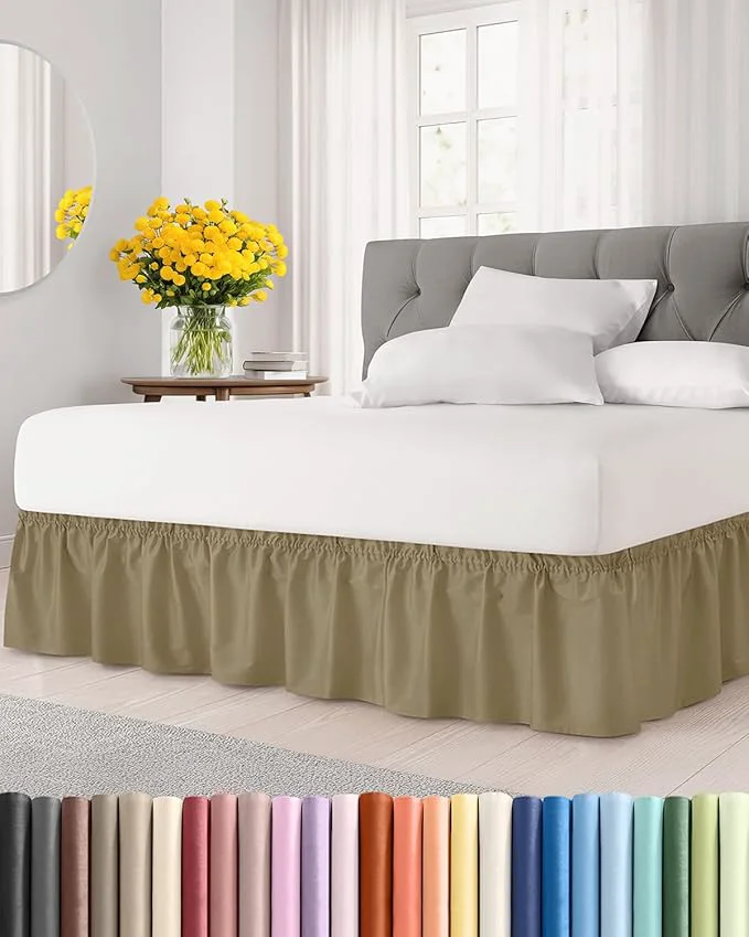 Fast Wrap Around Dust Ruffle Bed Skirt - Khaki - for Queen Size Beds w 12 Inch Drop - Easy Fit Elastic Strap - Adjustable Pleated Bedskirt w Brushed Fabric - Wrinkle - for Women Men Kids amp Teens Superior