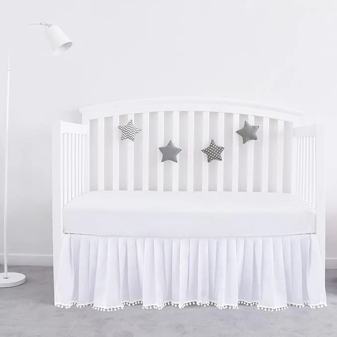 Reusable Crib Bed Skirt White for Girls Boys Pleated with Tassel Pompoms Dust Ruffled 14 quot Drop Fit All Standard Crib Toddler Bed Skin-Friendly amp Soft Machine Washable Nursery Bedding Skirts User-Friendly