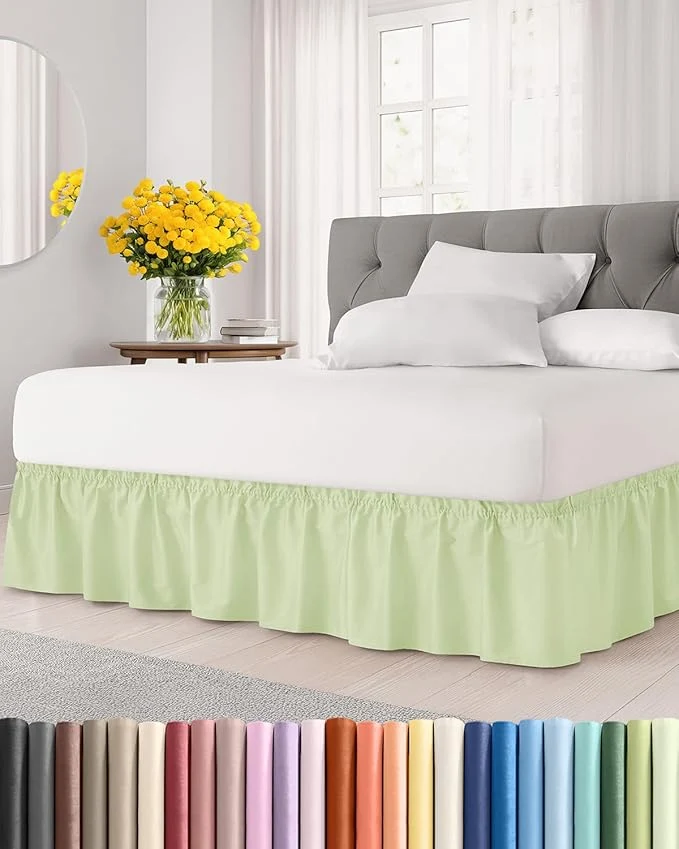 Reliable Wrap Around Dust Ruffle Bed Skirt - Light Sage - for Queen Size Beds w 12 Inch Drop - Easy Fit Elastic Strap - Adjustable Pleated Bedskirt w Brushed Fabric - Wrinkle Women Men Kids amp Teens Detailed