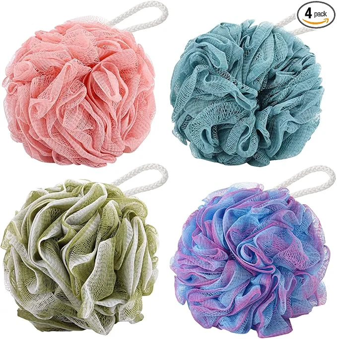 Unique BTYMS 4Pcs Loofah Sponge 60g pc Bath Puffs Shower Scrunchies Mesh Pouf Trendy