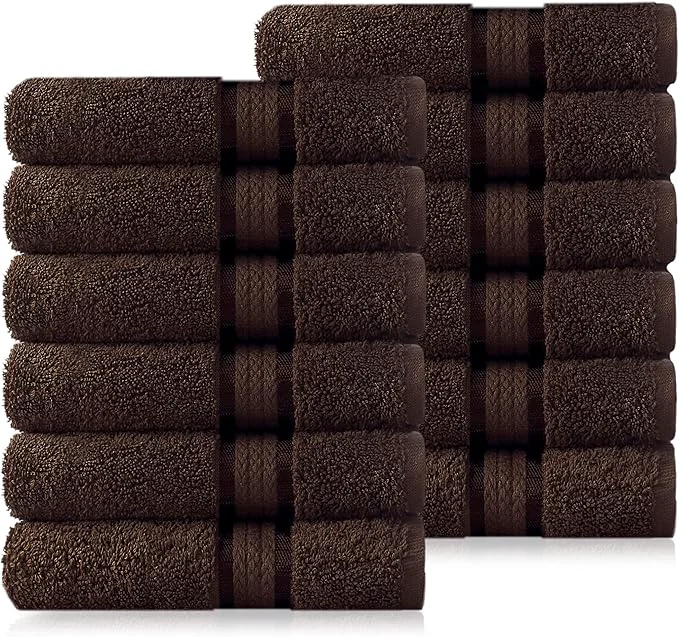 Certified Cotton Craft - 12 Pack - Ultra Soft Extra Large Wash Cloths 12x12 Chocolate - Pure