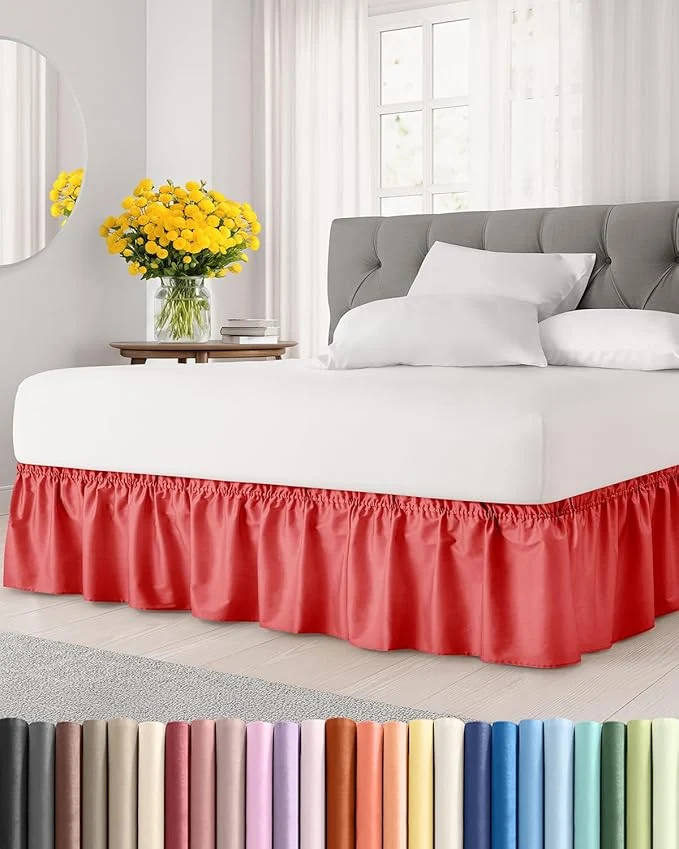 Optimized Wrap Around Dust Ruffle Bed Skirt - Red - for Queen Size Beds with 12 Inch Drop - Easy Fit Elastic Strap - Adjustable Pleated Bedskirt w Brushed Fabric - Wrinkle - for Women Men Kids amp Teens Proven