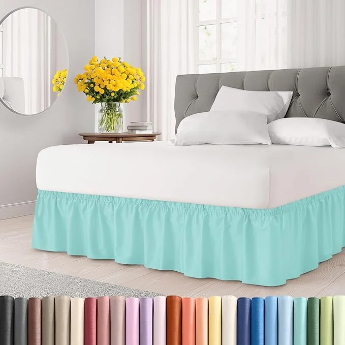 Contemporary Wrap Around Dust Ruffle Bed Skirt - Spa Blue - for Queen Size Beds with 21 Inch Drop - Elastic Strap - Adjustable Pleated Bedskirt with Brushed Fabric and Wrinkle - for Women Men Kids amp Teens Prestigious