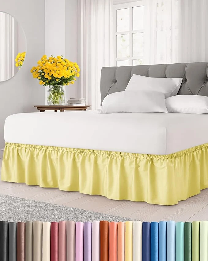 Luxury Wrap Around Dust Ruffle Bed Skirt - Yellow - for Full Size Beds with 18 Inch Drop - Easy Fit Elastic Strap - Adjustable Pleated Bedskirt w Brushed Fabric - Wrinkle - for Women Men Kids amp Teens Solid