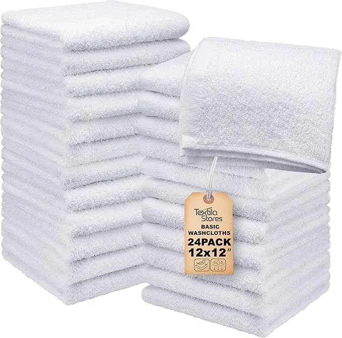 Natural Basic Wash Cloths 12x12 Inches – Bulk Pack of 24 – White Color – Soft and Healthy