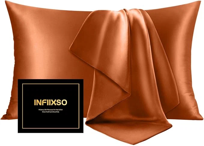 Safe INFIIXSO Mulberry Silk Pillowcase for Hair and Skin Silk Pillow Cases Queen Size Set of 2 with Hidden Zipper 20x30 Inches Ultra Smooth and Soft Cooling Pillow Cases for Hot Sleepers Orange 2 Pack Original Design
