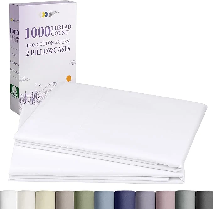 Dependable California Design Den Pillow Cases Standard Size Set of 2-1000 Thread Count Sateen Soft and Thick Cotton Pillowcases Queen Standard Durable - White Premium Material