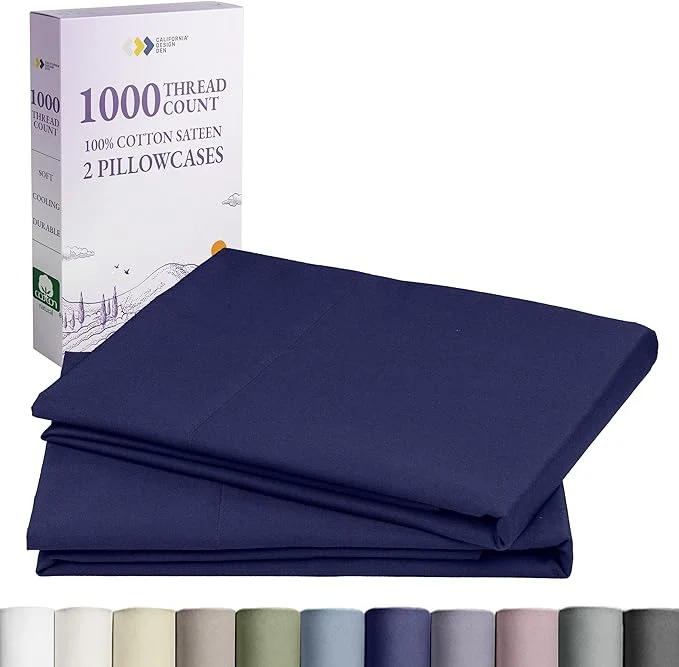 High-End California Design Den King Pillow Cases Set of 2-1000 Thread Count Sateen Soft and Thick Cotton King Size Pillow Cases Durable - Navy Blue Professional