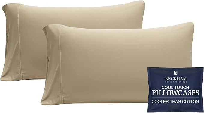 Secure Beckham Hotel Collection Cooling Pillowcases for Hot Sleepers King Size Set of 2 Cool Bedding Envelope Closure Silky Soft Breathable Moisture-Wicking Sand Proven