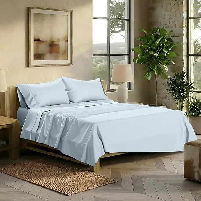 Long-Lasting TEXAS LINEN CO. Egyptian Cotton Sheets King Size - 2000 Series Luxury King Bed Sheet Set Silky Soft Cooling Sateen Weave 17 Extra Deep Pocket Hotel Collection Sheets 4 Pc Light Blue Classic
