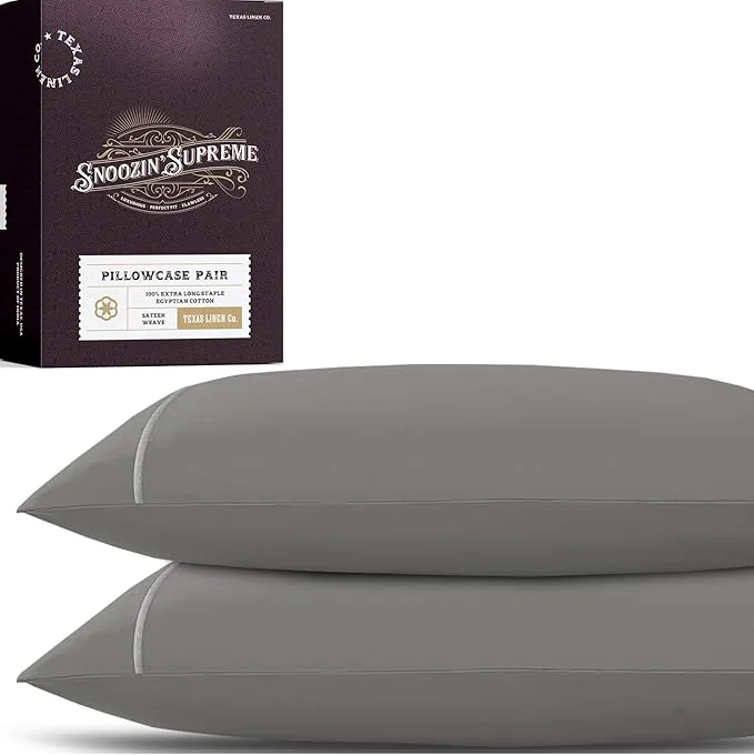 High-End TEXAS LINEN CO. Egyptian Cotton Pillowcases Queen Size Set of 2 - Luxury 2000 Series Standard Queen Pillow Cases Cooling Envelope Closure Hotel Quality Pillowcase 21 x 32 Dark Grey Contemporary