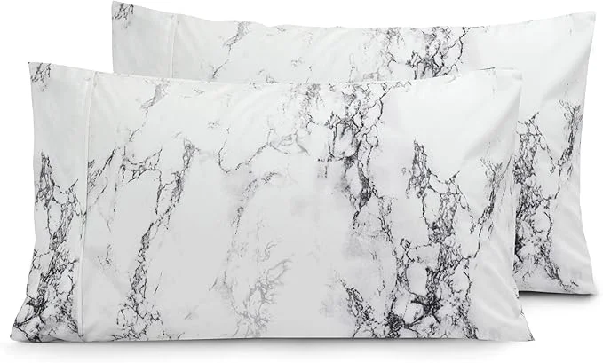 Recyclable Elegant Comfort Luxury Ultra-Soft 2-Piece Pillowcase Set - 1500 Premium Hotel Quality Microfiber Double Brushed - Wrinkle Resistant Standard Queen Marble Pattern White