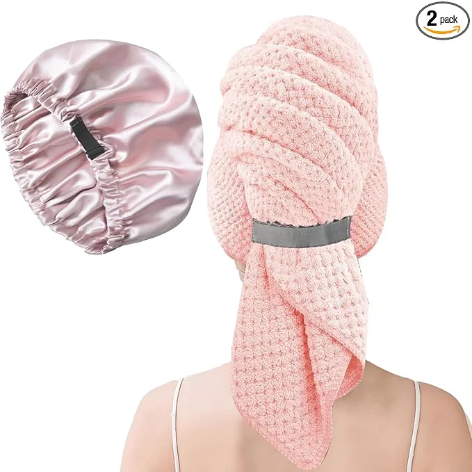 Soft Large Microfiber Hair Towel Wrap Satin Bonnet Set Premium