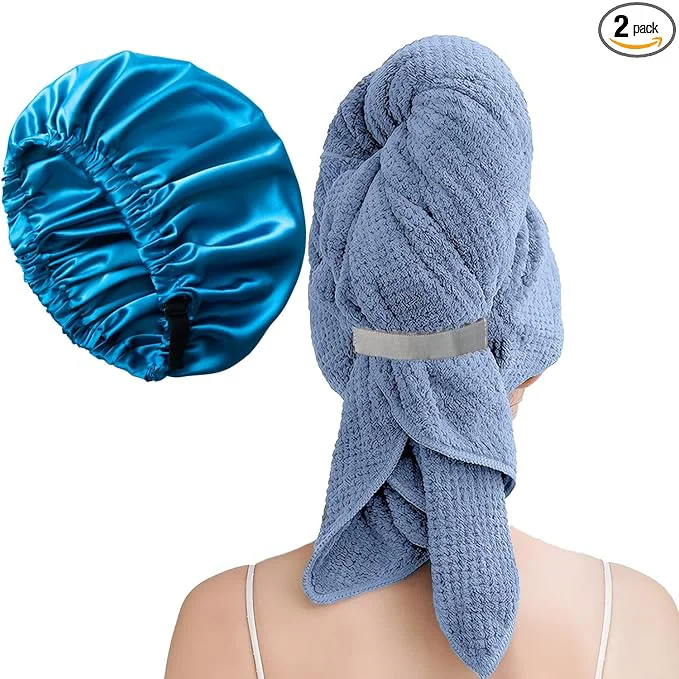 Elegant Large Microfiber Hair Towel Wrap Satin Bonnet Set Exceptional