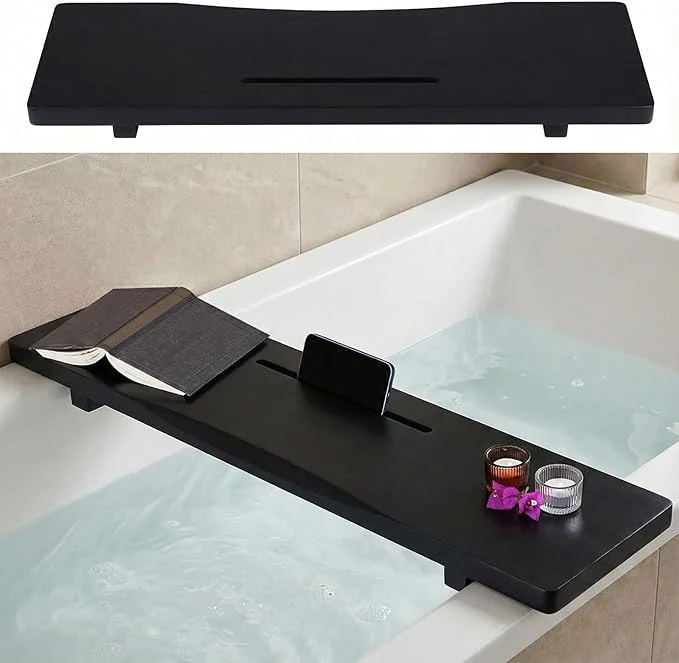 Reliable Stylish Black Bamboo Bathtub Tray Caddy Detailed
