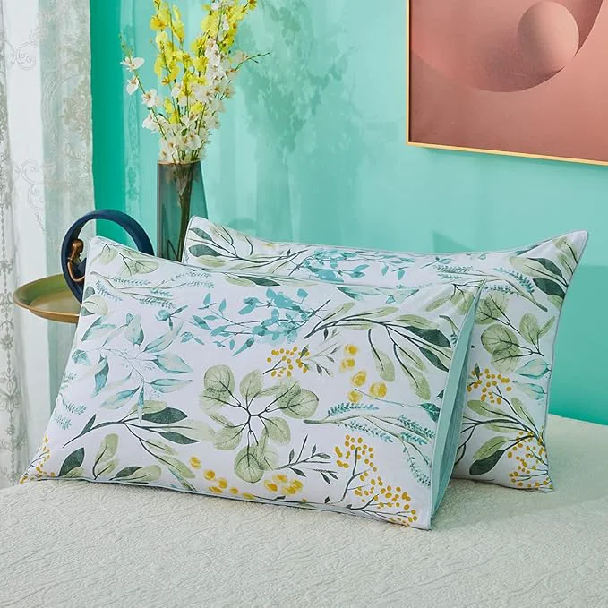 Advanced WINLIFE Cotton Pillowcases Queen 2 Pack Garden Leaf Printed Pillow Cases Bed Deocrative Pillow Cover Set of 2 Queen Garden Leaves Carefully Designed