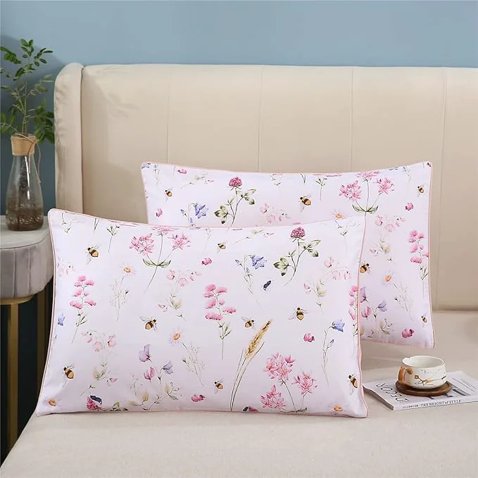Elite WINLIFE Cotton Pillowcases Standard Size Pink Floral Bees Printed Pillow Cover 2 Pack Super Soft Envelope Closure Pillow Case Standard 20 quot x26 quot Solid