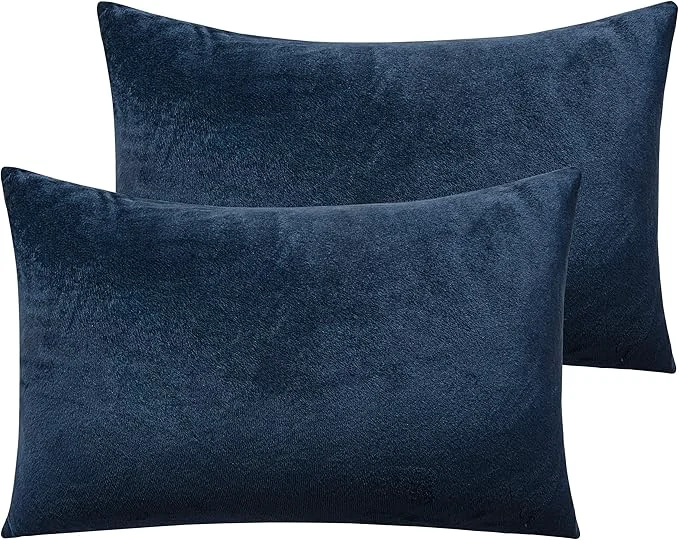 NTBAY 2 Pack Zippered Velvet Queen Pillowcases Super Soft and Cozy Luxury Fuzzy Flannel Pillow Cases with Zipper 20x30 Inches Navy Blue Genuine