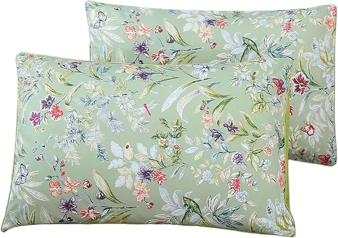 First-Class WINLIFE Cotton Pillowcases Queen Size Sage Green Garden Floral amp Butterflies Printed Pillow Cover 2 Pack Soft Envelope Closure Decorative Pillow Case Set Queen 20 quot x30 quot Long-Lasting