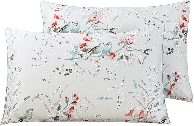 Sustainable WINLIFE Cotton Pillowcases Garden Floral Birds Printed on White Pillow Cases Set of 2 Pillow Cover Queen 20x30 39 39 Birds Floral Practical