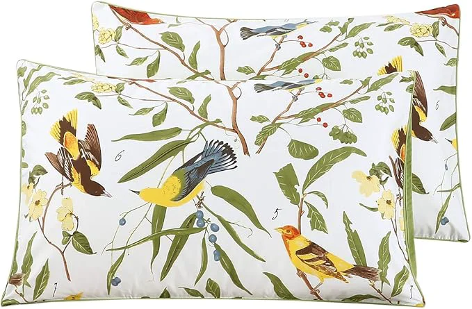 High-Quality WINLIFE Cotton Pillowcases King 2 Pillow Cases Decorative Farmhouse Green Leaves Birds Printed Pillow Cover Set of 2 King 20x36 39 39 Birds Smart