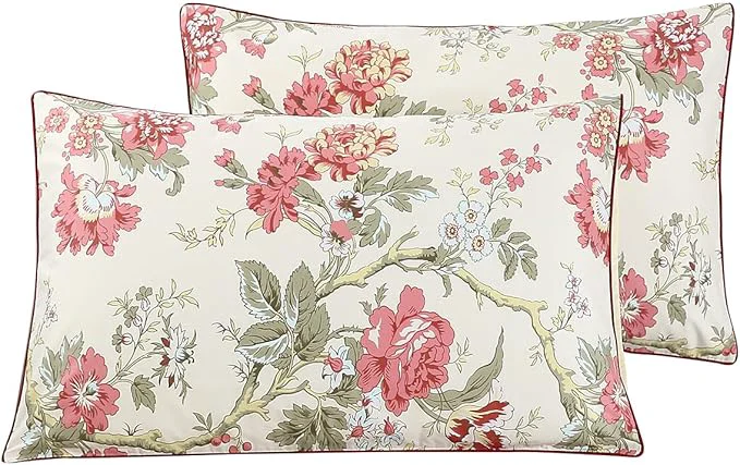 Elegant WINLIFE Cotton Pillowcases Floral Printed Pillow Cases Set of 2 Red Flowers and Green Branches Leaf Pattern Pillow Cover Standarc 20x26 39 39 Branches Detailed