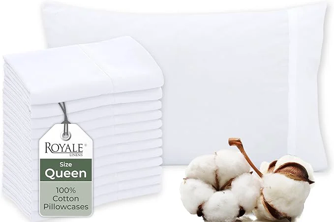 Traditional Royale Linens White Cotton Pillow Cases Queen Size Set of 12 - Bed Pillow Covers - Cotton Pillowcases - Soft amp Cooling - Envelope Closure - Hotel Quality Bulk Pillowcases 20 quot x 30 quot Genuine