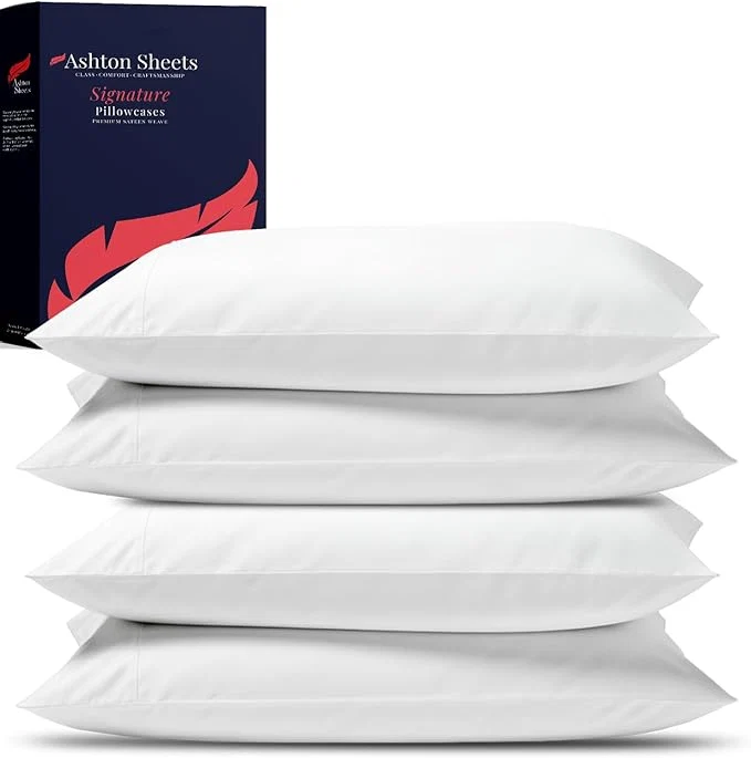 Fashionable Ashton Sheets Egyptian Cotton Pillow Cases Standard Queen Size Set of 4 - Luxury 1200 Thread Count Sateen White Pillow Cases Silky Soft Cotton Pillowcases Fits Standard amp Queen Size Pillows Quality