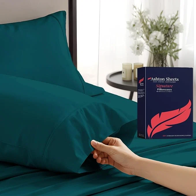 Prestigious Ashton Sheets Egyptian Cotton Queen Pillow Cases Set of 2 - Luxury 1200 Thread Count Pillow Cases Queen Size Teal Soft Cooling Hotel Collection Pillowcases Fits Queen Standard Pillow Minimalist