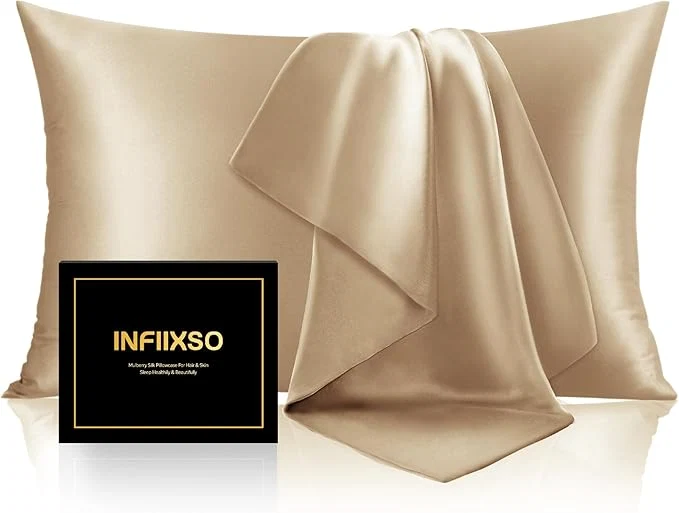 Lightweight INFIIXSO Mulberry Silk Pillowcase for Hair and Skin Silk Pillow Cases Queen Size with Hidden Zipper 20x30 Inches Super Smooth and Soft Cooling Pillow Cases for Hot Sleepers Champagne 1 Pack Pure