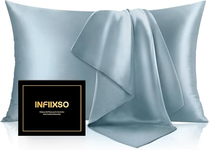 Unique INFIIXSO Mulberry Silk Pillowcase for Hair and Skin Silk Pillow Cases Queen Size Set of 2 with Hidden Zipper 20 quot x30 quot Ultra Smooth and Soft Cooling Pillow Cases for Hot Sleepers Airy Blue 2 Pack Elite