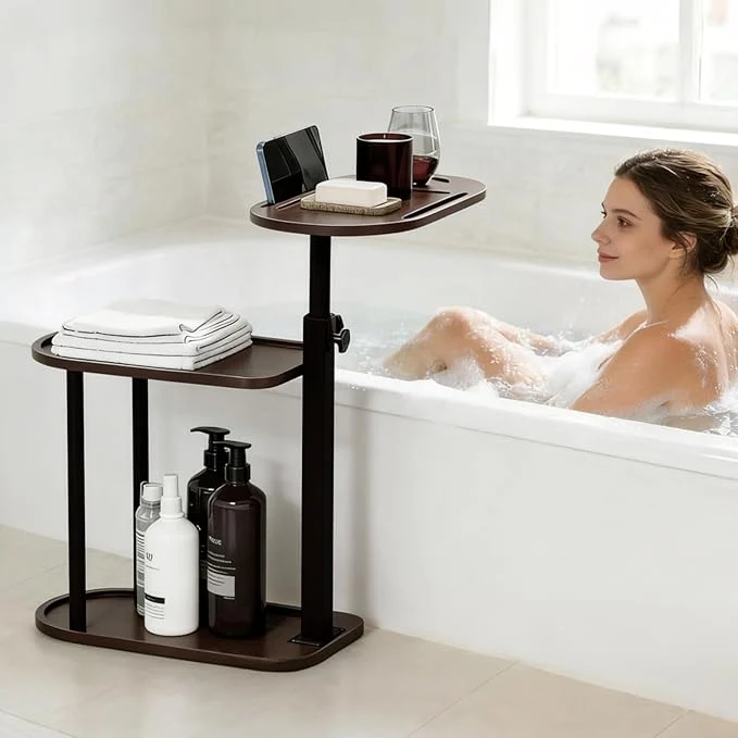 Relaxed 3 Layer Bathtub Tray Table Bamboo Swivel Bathtub Side Table Height Adjustable Enhanced