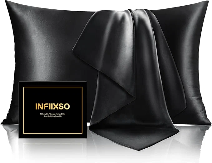 Detailed INFIIXSO Silk Pillow Cases 2 Pack Standard Size Ultra Smooth amp Soft Mulberry Silk Pillow Case for Hair and Skin Breathable Cooling Silk Pillowcase with Hidden Zipper Black 20x26 Inches Efficient