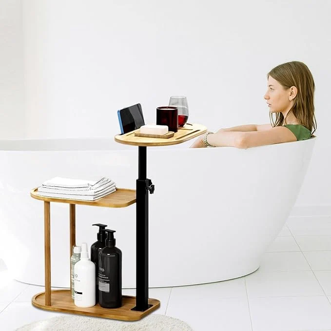 Recyclable 3 Layer Bathtub Tray Table Bamboo Swivel Bathtub Side Table Height Adjustable Unique
