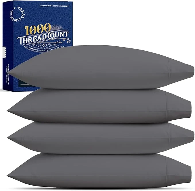 Durable TEXAS LINEN CO. Premium Egyptian Cotton Pillow Cases Standard Queen Size Set of 4 - Luxury High Thread Count Cotton Pillow Case 2 Pair Dark Grey Silky Soft Cooling Extra Long Staple Pillowcases Elite
