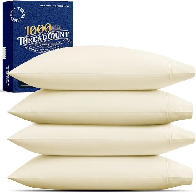 Authentic TEXAS LINEN CO. Egyptian Cotton King Size Pillow Cases Set of 4 - Luxury High Thread Count Cotton Pillowcases 2 Pair Ivory Silky Soft Cooling Extra Long Staple Hotel Quality Pillow Cases