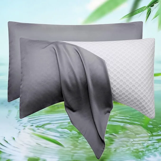 Organic Cooling Side Sleeper Pillow Cases Queen Size Set of 2 - Curved Rayon Derived from Bamboo Pillowcase Cover- Breathable Silky Soft Pillowcase for Hot Sleepers Hair and Skin 20 30 Inches Dark Grey Fine