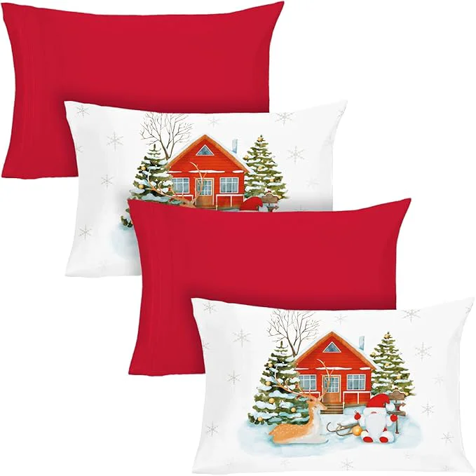 Optimized YIYEA Christmas Pillow Cases Standard Size Set of 4 Ultra Soft Double Brushed Microfiber Red Pillowcases and Christmas Pillow Covers Envelope Closure Fade Resistant 20 quot x26 quot Natural